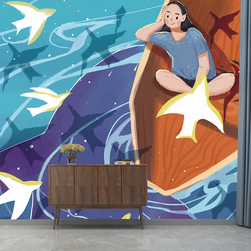 Huge Girl on Boat Mural Kids Fantasy Whale Under the Water Wall Art in Blue-Orange Clearhalo 'Wall Decor' 'Wall Mural' 1440533