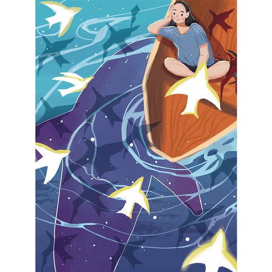 Huge Girl on Boat Mural Kids Fantasy Whale Under the Water Wall Art in Blue-Orange Clearhalo 'Wall Decor' 'Wall Mural' 1440534