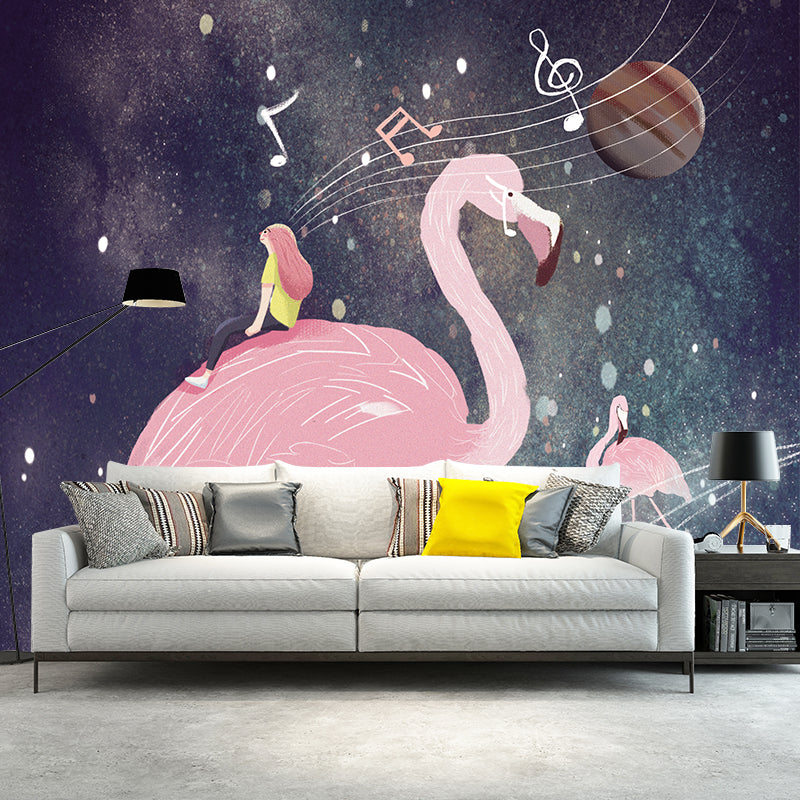 Pink Flamingo and Music Mural Wallpaper Water Resistant Wall Decor for Girls Bedroom Pink Clearhalo 'Wall Decor' 'Wall Mural' 1440536