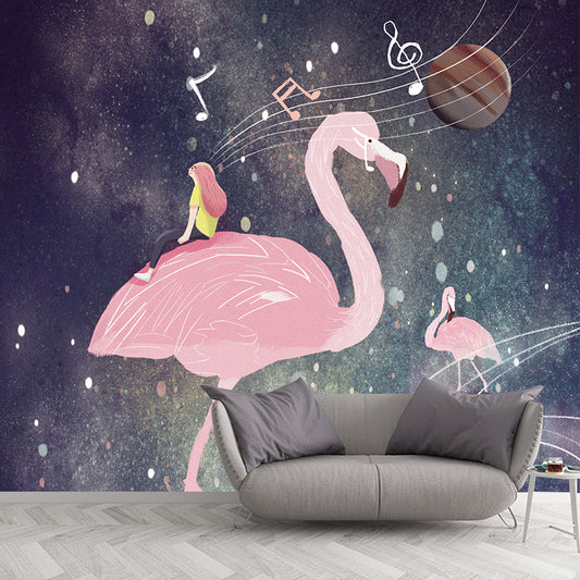 Pink Flamingo and Music Mural Wallpaper Water Resistant Wall Decor for Girls Bedroom Clearhalo 'Wall Decor' 'Wall Mural' 1440537