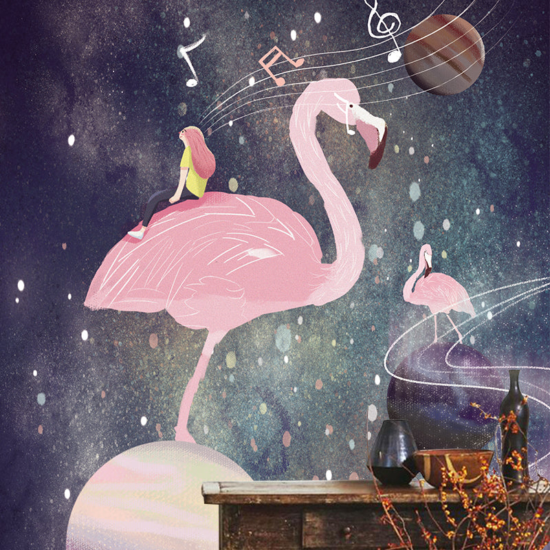 Pink Flamingo and Music Mural Wallpaper Water Resistant Wall Decor for Girls Bedroom Clearhalo 'Wall Decor' 'Wall Mural' 1440538