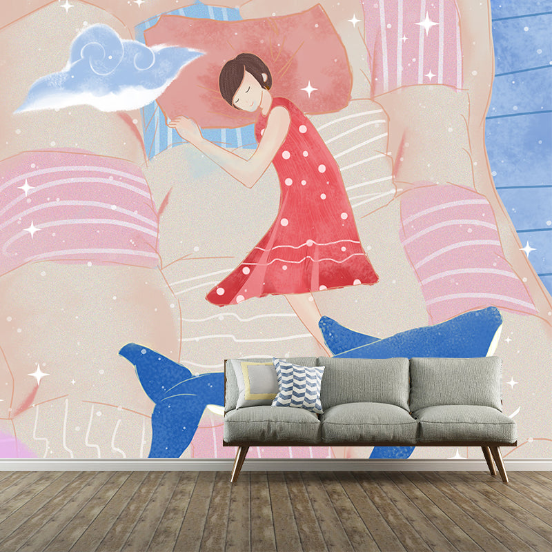 Non-Woven Washable Mural Childrens Art Whale in Girls Dream Wall Covering in Pink-Blue Pink-Blue Clearhalo 'Wall Decor' 'Wall Mural' 1440541