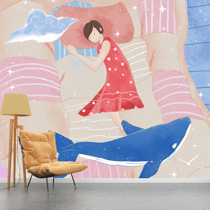 Non-Woven Washable Mural Childrens Art Whale in Girls Dream Wall Covering in Pink-Blue Clearhalo 'Wall Decor' 'Wall Mural' 1440542