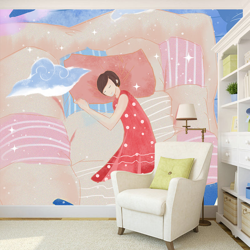 Non-Woven Washable Mural Childrens Art Whale in Girls Dream Wall Covering in Pink-Blue Clearhalo 'Wall Decor' 'Wall Mural' 1440543