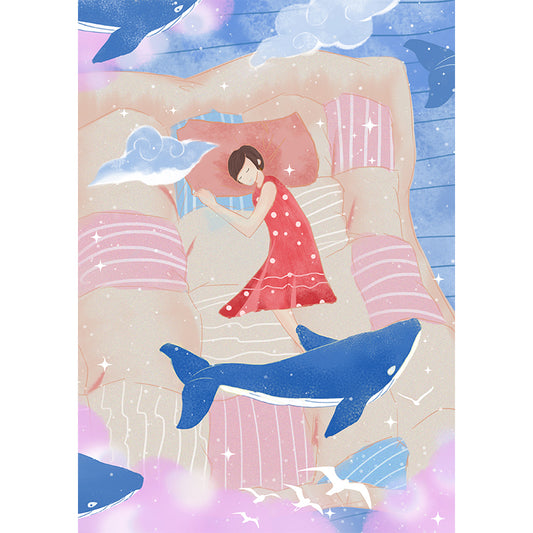 Non-Woven Washable Mural Childrens Art Whale in Girls Dream Wall Covering in Pink-Blue Clearhalo 'Wall Decor' 'Wall Mural' 1440544