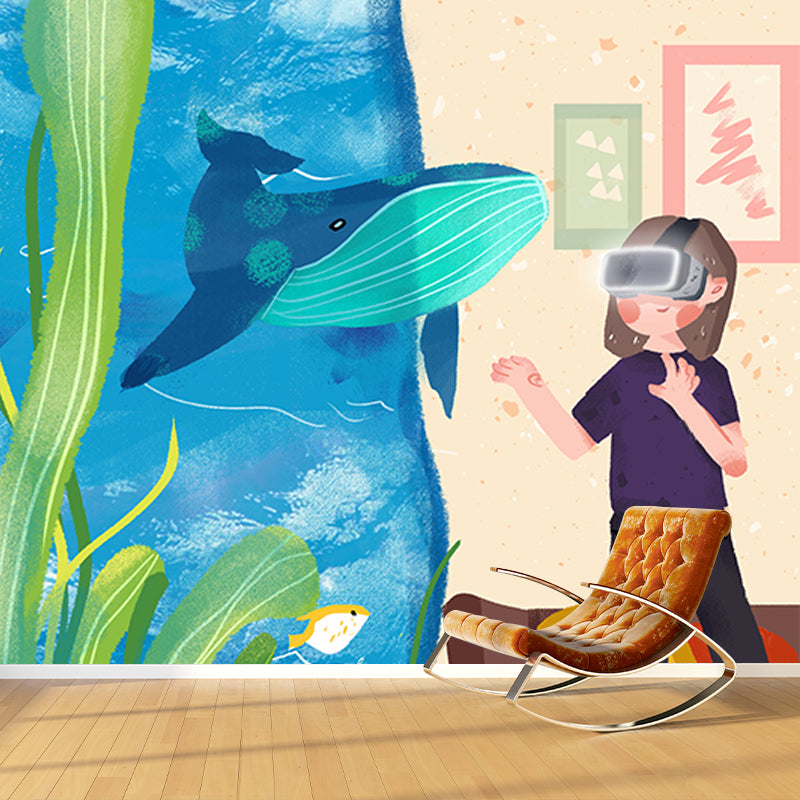 Full Size Aquarium Wall Mural Decal for Bedroom Boys 3D Glass Exploration Wall Art in Blue-Yellow, Waterproof Blue-Yellow Clearhalo 'Wall Decor' 'Wall Mural' 1440546