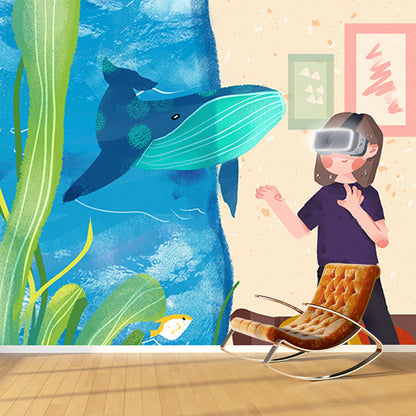 Full Size Aquarium Wall Mural Decal for Bedroom Boys 3D Glass Exploration Wall Art in Blue-Yellow, Waterproof Blue-Yellow Clearhalo 'Wall Decor' 'Wall Mural' 1440546