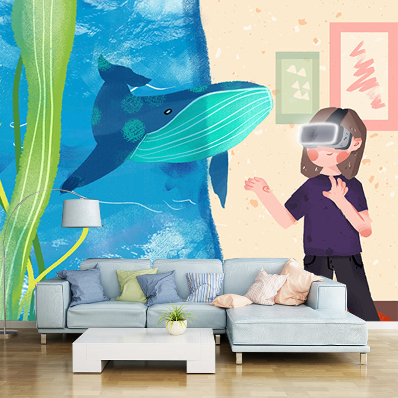 Full Size Aquarium Wall Mural Decal for Bedroom Boys 3D Glass Exploration Wall Art in Blue-Yellow, Waterproof Clearhalo 'Wall Decor' 'Wall Mural' 1440547