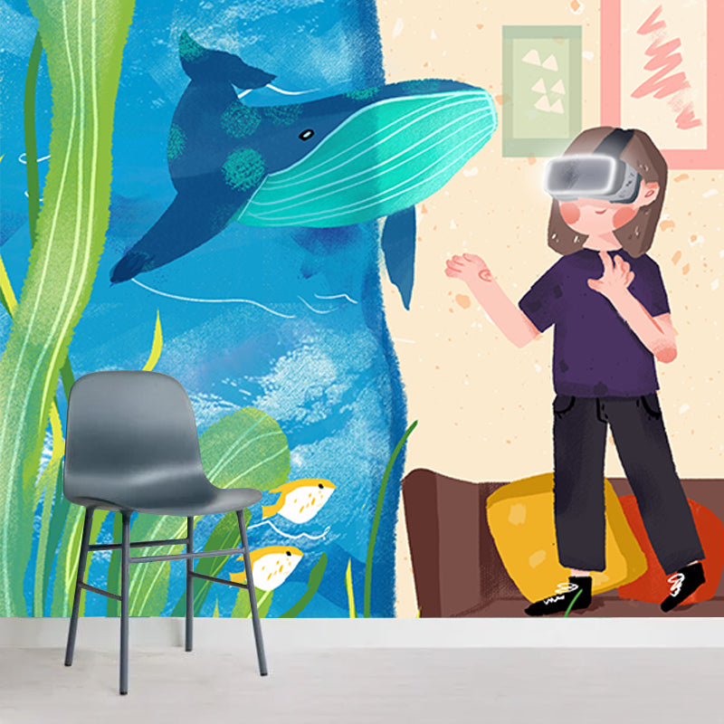 Full Size Aquarium Wall Mural Decal for Bedroom Boys 3D Glass Exploration Wall Art in Blue-Yellow, Waterproof Clearhalo 'Wall Decor' 'Wall Mural' 1440548