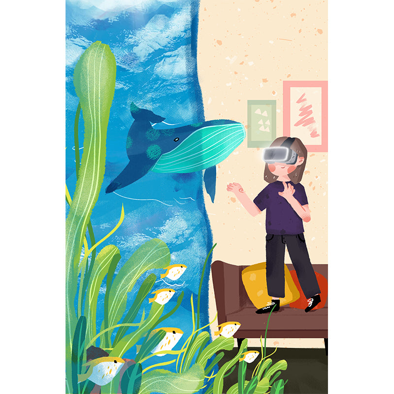 Full Size Aquarium Wall Mural Decal for Bedroom Boys 3D Glass Exploration Wall Art in Blue-Yellow, Waterproof Clearhalo 'Wall Decor' 'Wall Mural' 1440549