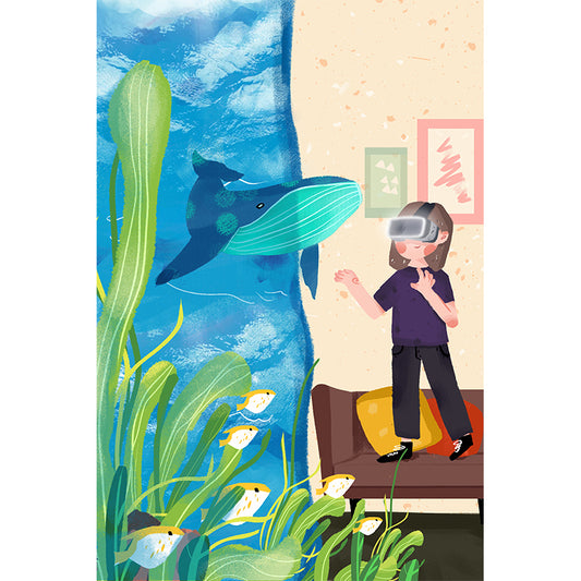 Full Size Aquarium Wall Mural Decal for Bedroom Boys 3D Glass Exploration Wall Art in Blue-Yellow, Waterproof Clearhalo 'Wall Decor' 'Wall Mural' 1440549