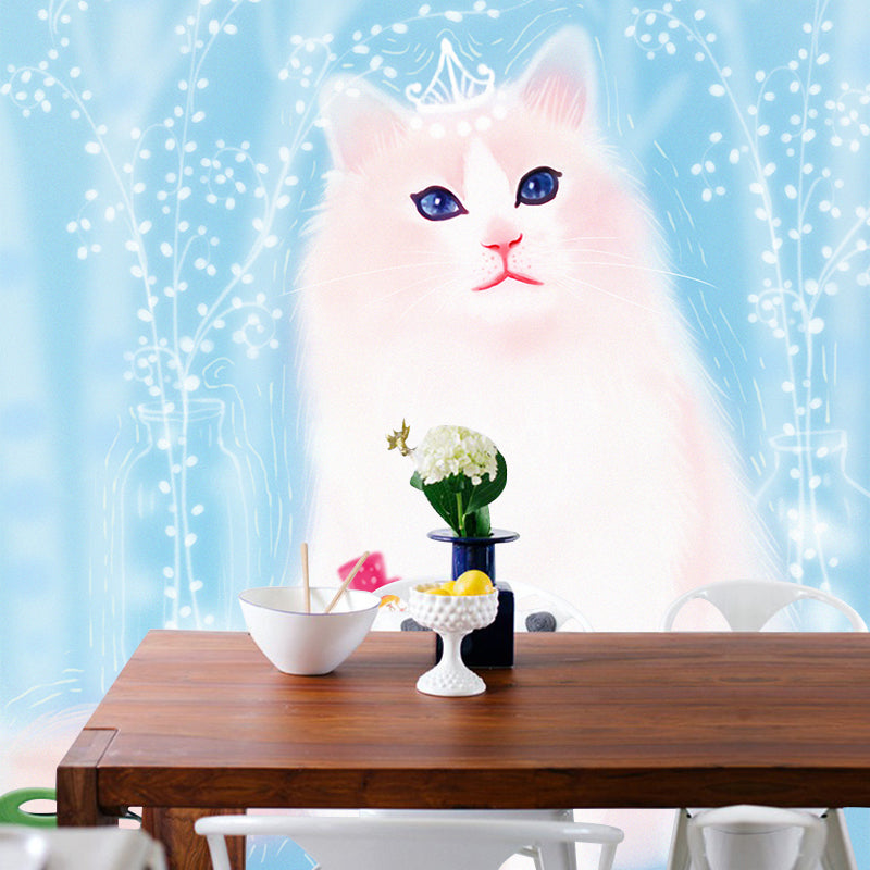 Giant Cat Mural Wallpaper in White on Blue Non-Woven Wall Decor, Stain Proof, Custom Size Blue Clearhalo 'Wall Decor' 'Wall Mural' 1440556