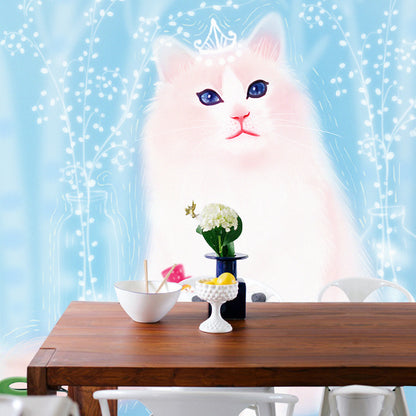 Giant Cat Mural Wallpaper in White on Blue Non-Woven Wall Decor, Stain Proof, Custom Size Blue Clearhalo 'Wall Decor' 'Wall Mural' 1440556