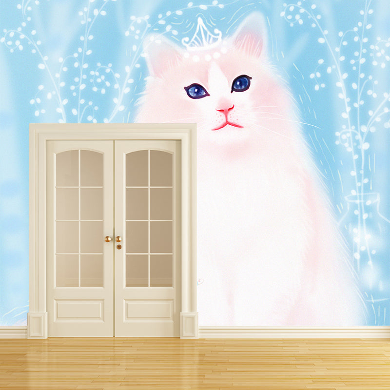 Giant Cat Mural Wallpaper in White on Blue Non-Woven Wall Decor, Stain Proof, Custom Size Clearhalo 'Wall Decor' 'Wall Mural' 1440557