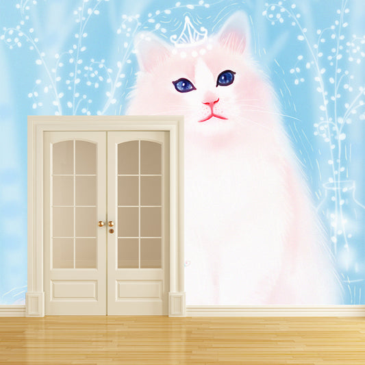 Giant Cat Mural Wallpaper in White on Blue Non-Woven Wall Decor, Stain Proof, Custom Size Clearhalo 'Wall Decor' 'Wall Mural' 1440557