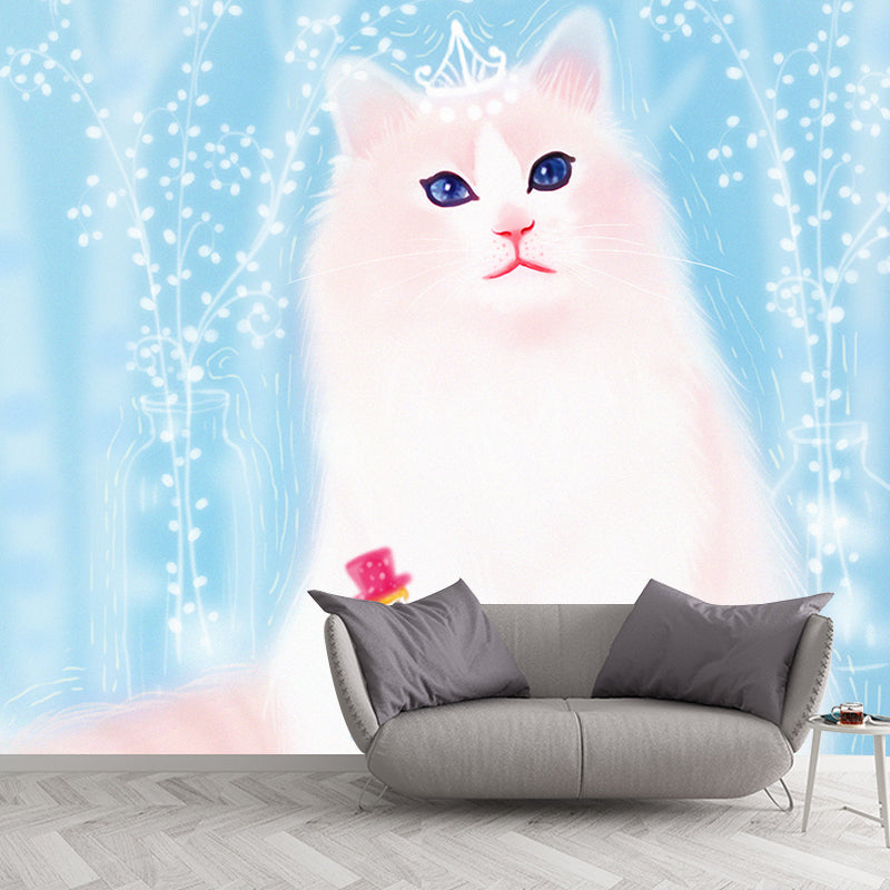 Giant Cat Mural Wallpaper in White on Blue Non-Woven Wall Decor, Stain Proof, Custom Size Clearhalo 'Wall Decor' 'Wall Mural' 1440558