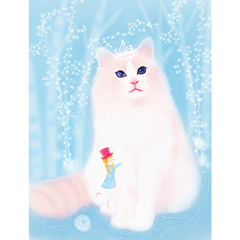 Giant Cat Mural Wallpaper in White on Blue Non-Woven Wall Decor, Stain Proof, Custom Size Clearhalo 'Wall Decor' 'Wall Mural' 1440559