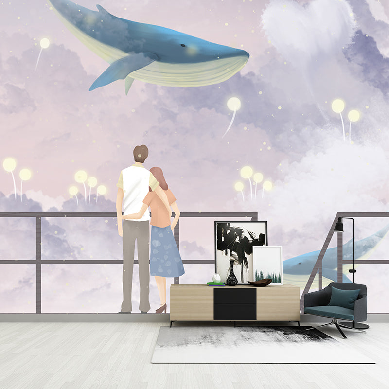 Cartoon Whale and Lover Mural Purple-White Bedroom Wall Covering, Personalized Size Purple-White Clearhalo 'Wall Decor' 'Wall Mural' 1440566