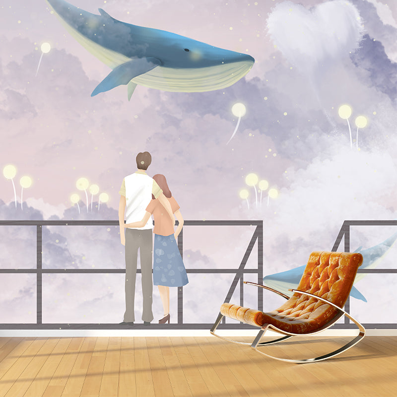 Cartoon Whale and Lover Mural Purple-White Bedroom Wall Covering, Personalized Size Clearhalo 'Wall Decor' 'Wall Mural' 1440568