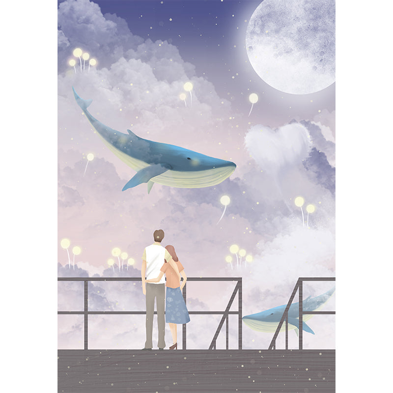 Cartoon Whale and Lover Mural Purple-White Bedroom Wall Covering, Personalized Size Clearhalo 'Wall Decor' 'Wall Mural' 1440569