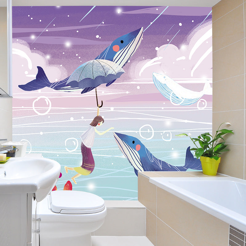 Large Cartoon Wall Mural Childrens Art Dreamlike Girl Playing with Whales Wall Covering in Blue-Purple Blue-Purple Clearhalo 'Wall Decor' 'Wall Mural' 1440576