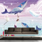 Large Cartoon Wall Mural Childrens Art Dreamlike Girl Playing with Whales Wall Covering in Blue-Purple Clearhalo 'Wall Decor' 'Wall Mural' 1440577