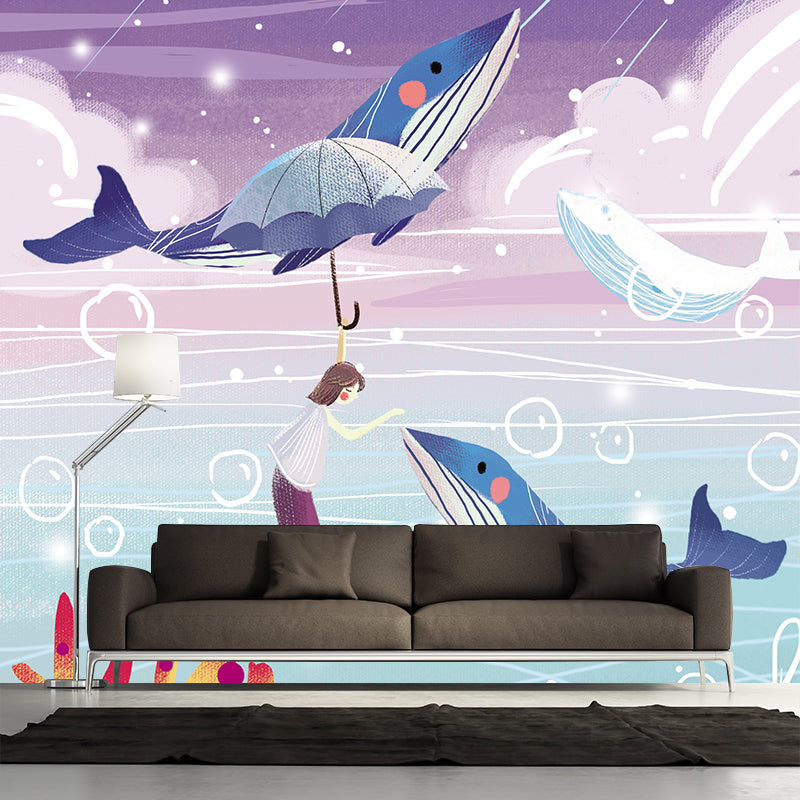 Large Cartoon Wall Mural Childrens Art Dreamlike Girl Playing with Whales Wall Covering in Blue-Purple Clearhalo 'Wall Decor' 'Wall Mural' 1440577