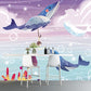 Large Cartoon Wall Mural Childrens Art Dreamlike Girl Playing with Whales Wall Covering in Blue-Purple Clearhalo 'Wall Decor' 'Wall Mural' 1440578