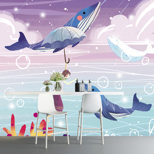 Large Cartoon Wall Mural Childrens Art Dreamlike Girl Playing with Whales Wall Covering in Blue-Purple Clearhalo 'Wall Decor' 'Wall Mural' 1440578