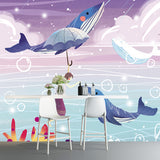 Large Cartoon Wall Mural Childrens Art Dreamlike Girl Playing with Whales Wall Covering in Blue-Purple Clearhalo 'Wall Decor' 'Wall Mural' 1440578