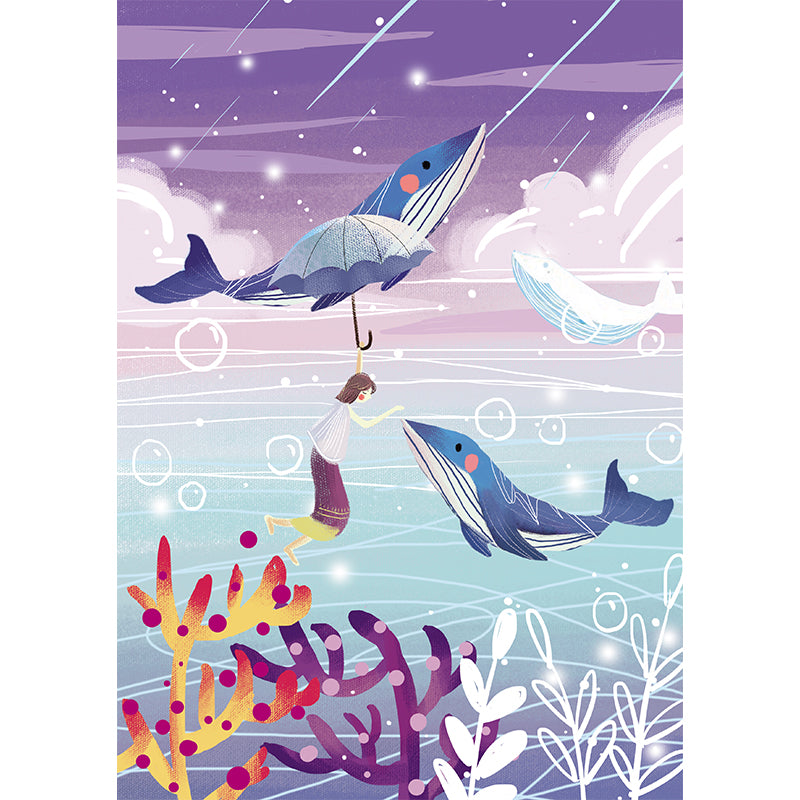 Large Cartoon Wall Mural Childrens Art Dreamlike Girl Playing with Whales Wall Covering in Blue-Purple Clearhalo 'Wall Decor' 'Wall Mural' 1440579