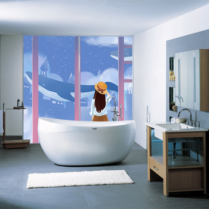 Illustration Girl and Whale Mural Decal Cartoon Non-Woven Fabric Wall Art, Made to Measure Blue-Pink Clearhalo 'Wall Decor' 'Wall Mural' 1440581