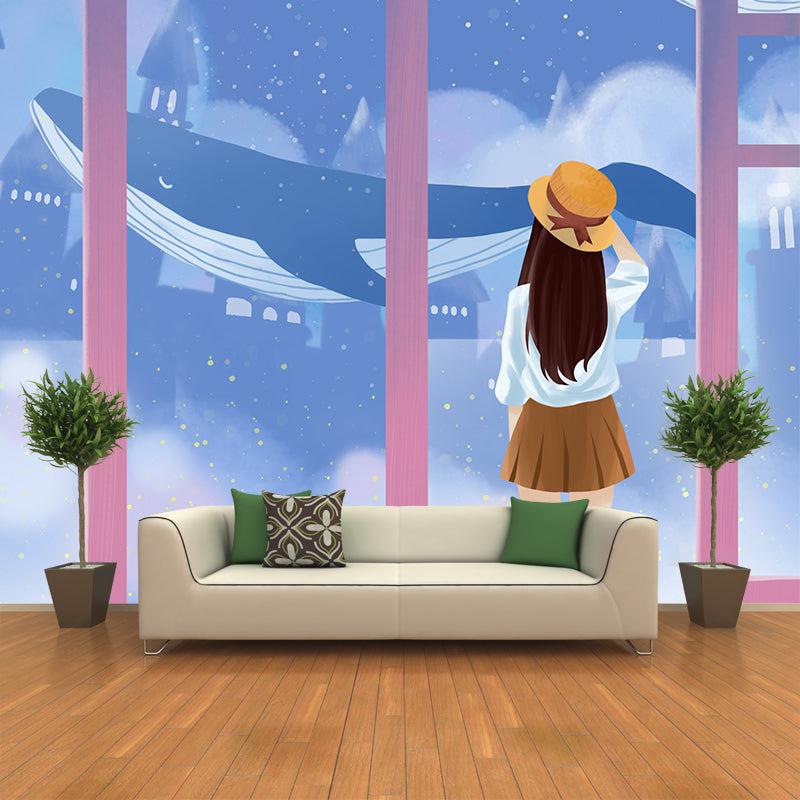 Illustration Girl and Whale Mural Decal Cartoon Non-Woven Fabric Wall Art, Made to Measure Clearhalo 'Wall Decor' 'Wall Mural' 1440582