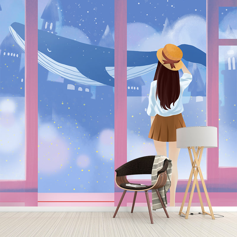 Illustration Girl and Whale Mural Decal Cartoon Non-Woven Fabric Wall Art, Made to Measure Clearhalo 'Wall Decor' 'Wall Mural' 1440583
