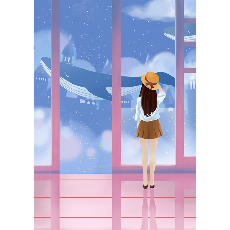 Illustration Girl and Whale Mural Decal Cartoon Non-Woven Fabric Wall Art, Made to Measure Clearhalo 'Wall Decor' 'Wall Mural' 1440584