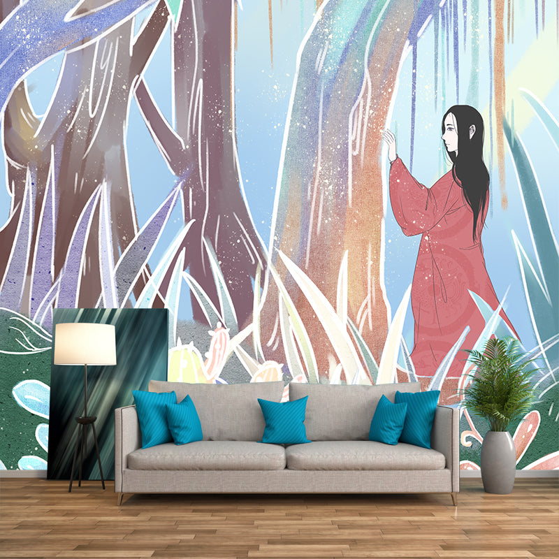 Girl Wandering in Forest Mural Childrens Art Washable Living Room Wall Decor, Customized Size Aqua Clearhalo 'Wall Decor' 'Wall Mural' 1440586