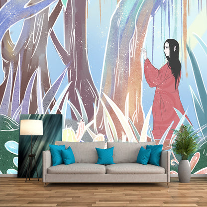 Girl Wandering in Forest Mural Childrens Art Washable Living Room Wall Decor, Customized Size Aqua Clearhalo 'Wall Decor' 'Wall Mural' 1440586