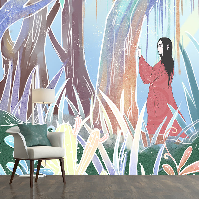 Girl Wandering in Forest Mural Childrens Art Washable Living Room Wall Decor, Customized Size Clearhalo 'Wall Decor' 'Wall Mural' 1440587