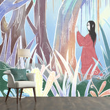 Girl Wandering in Forest Mural Childrens Art Washable Living Room Wall Decor, Customized Size Clearhalo 'Wall Decor' 'Wall Mural' 1440587