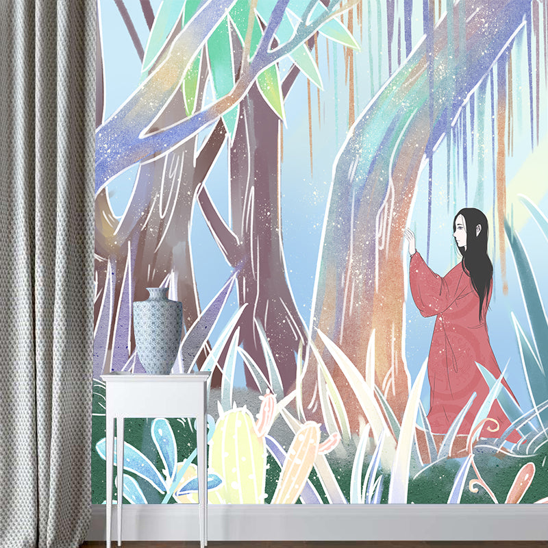 Girl Wandering in Forest Mural Childrens Art Washable Living Room Wall Decor, Customized Size Clearhalo 'Wall Decor' 'Wall Mural' 1440588