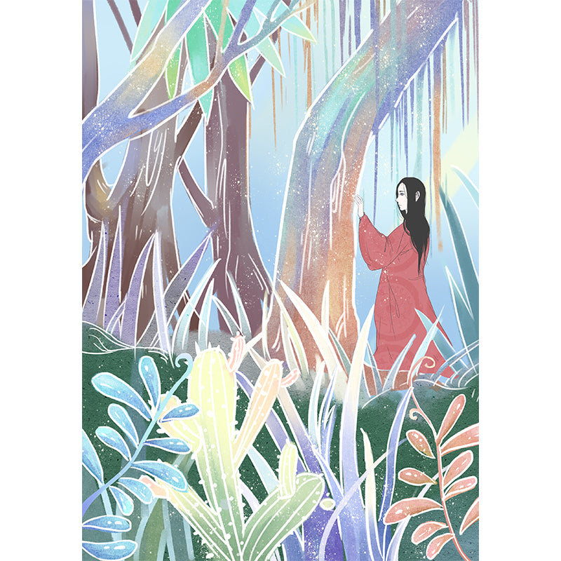 Girl Wandering in Forest Mural Childrens Art Washable Living Room Wall Decor, Customized Size Clearhalo 'Wall Decor' 'Wall Mural' 1440589