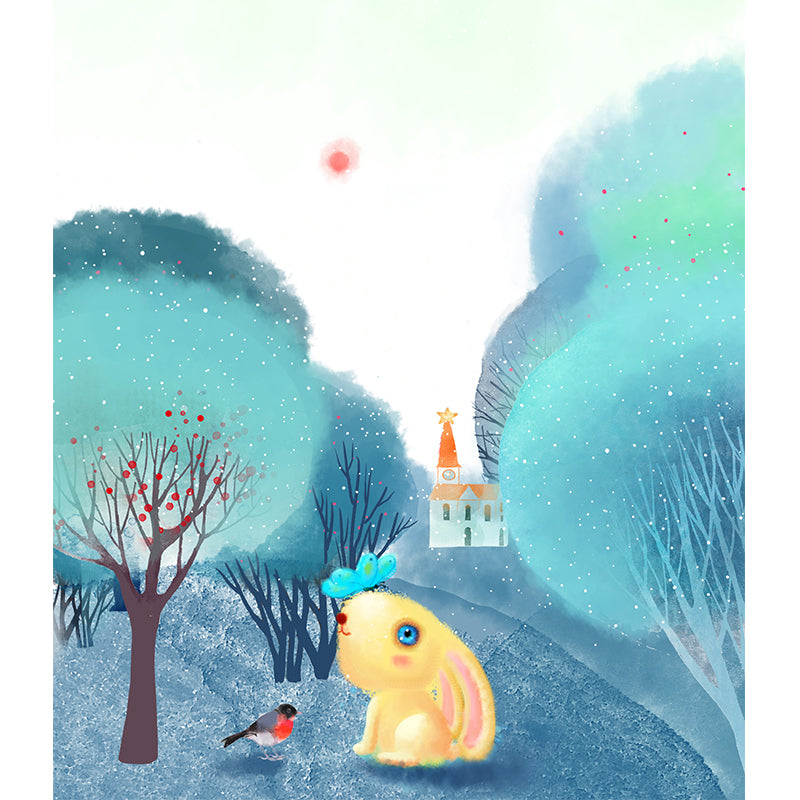 Cartoon Animal Wallpaper Mural Blue-White Rural Landscape Wall Covering for Nursery Clearhalo 'Wall Decor' 'Wall Mural' 1440609