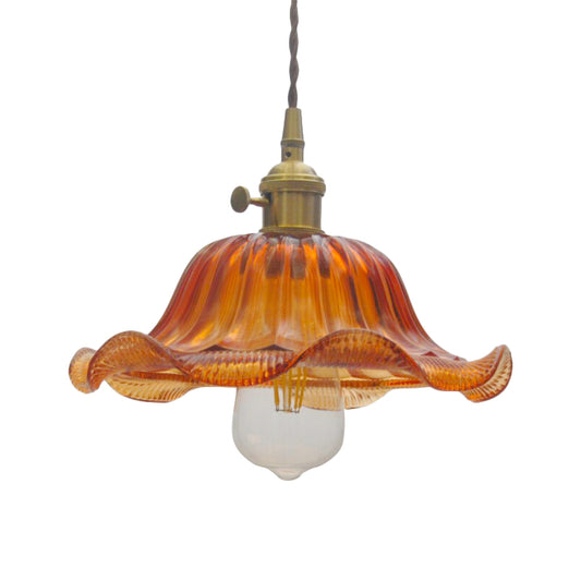 8"/10"/12" Wide Scalloped Pendant Lighting Vintage 1 Light Ribbed Glass Hanging Lamp in Yellow for Living Room Clearhalo 'Ceiling Lights' 'Glass shade' 'Glass' 'Industrial Pendants' 'Industrial' 'Middle Century Pendants' 'Pendant Lights' 'Pendants' 'Tiffany' Lighting' 144060