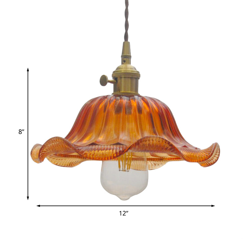 8"/10"/12" Wide Scalloped Pendant Lighting Vintage 1 Light Ribbed Glass Hanging Lamp in Yellow for Living Room Clearhalo 'Ceiling Lights' 'Glass shade' 'Glass' 'Industrial Pendants' 'Industrial' 'Middle Century Pendants' 'Pendant Lights' 'Pendants' 'Tiffany' Lighting' 144061