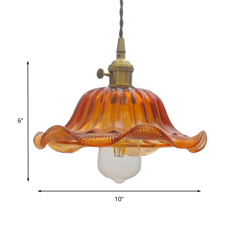 8"/10"/12" Wide Scalloped Pendant Lighting Vintage 1 Light Ribbed Glass Hanging Lamp in Yellow for Living Room Clearhalo 'Ceiling Lights' 'Glass shade' 'Glass' 'Industrial Pendants' 'Industrial' 'Middle Century Pendants' 'Pendant Lights' 'Pendants' 'Tiffany' Lighting' 144062