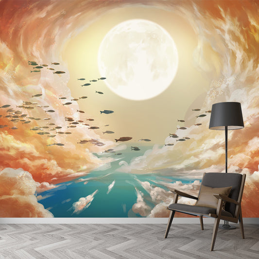 Super Moon and Cloud Mural Yellow-Blue Childrens Art Wall Covering for Living Room