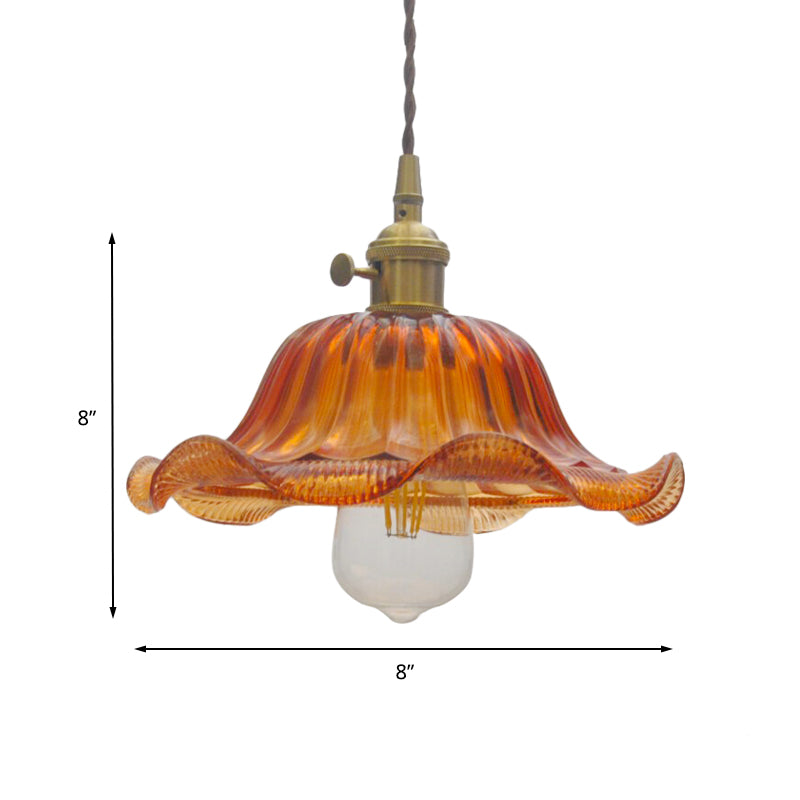 8"/10"/12" Wide Scalloped Pendant Lighting Vintage 1 Light Ribbed Glass Hanging Lamp in Yellow for Living Room Clearhalo 'Ceiling Lights' 'Glass shade' 'Glass' 'Industrial Pendants' 'Industrial' 'Middle Century Pendants' 'Pendant Lights' 'Pendants' 'Tiffany' Lighting' 144063