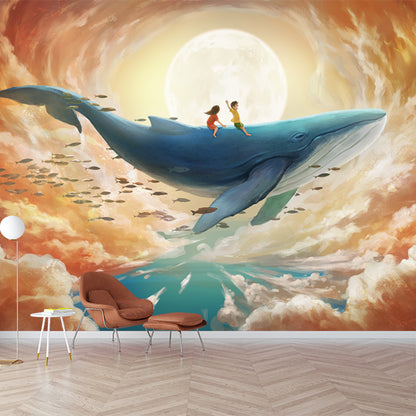 Smooth Whole Yellow-Blue Mural Childrens Art Kids Trip with Whale Under Super Moon Wall Covering, Custom Made Clearhalo 'Wall Decor' 'Wall Mural' 1440636