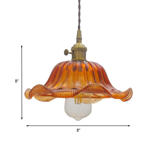 8"/10"/12" Wide Scalloped Pendant Lighting Vintage 1 Light Ribbed Glass Hanging Lamp in Yellow for Living Room Clearhalo 'Ceiling Lights' 'Glass shade' 'Glass' 'Industrial Pendants' 'Industrial' 'Middle Century Pendants' 'Pendant Lights' 'Pendants' 'Tiffany' Lighting' 144063