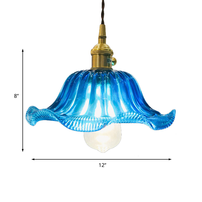 Industrial Scalloped Hanging Ceiling Light 1 Light Blue Glass Pendant Lighting Fixture, 12" Wide Clearhalo 'Ceiling Lights' 'Glass shade' 'Glass' 'Industrial Pendants' 'Industrial' 'Middle Century Pendants' 'Pendant Lights' 'Pendants' 'Tiffany' Lighting' 144079